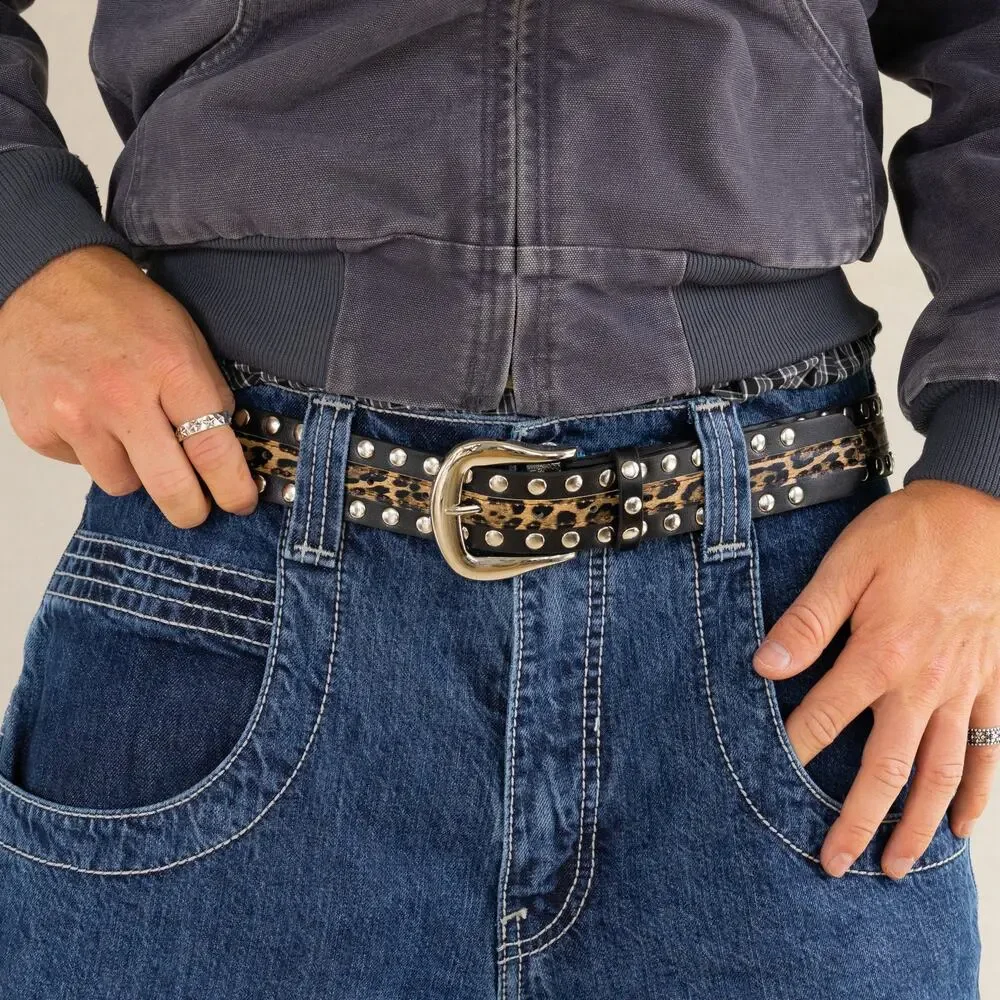 Vintage Leopard Studded Leather Belt Silver Buckle Y2K Punk Grunge Unisex